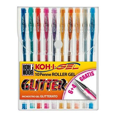Astuccio 6+4 roller gel KOI I NOOR punta mettallo GLITTER