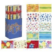 Espositore 50 rotoli carta regalo in fantasie assortite 2mt x 70