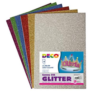 Busta 10 fogli Gomma Crepp Glitter 20x30cm colori assortiti Cwr